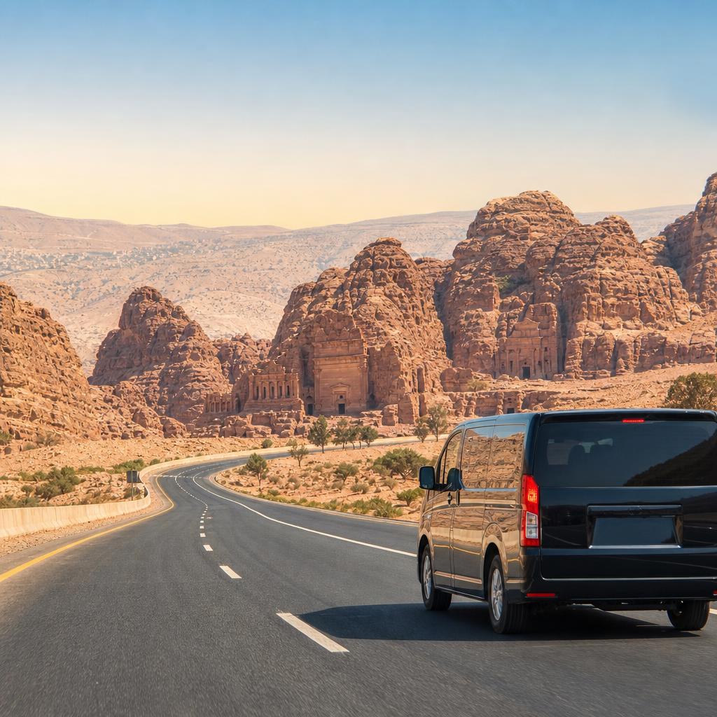 Private transfer route from Queen Alia Airport to Petra